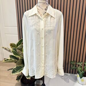VTG Tess Women's XL Button‎ Down Top Sheer Embellished Blouse Long Sleeve Cream